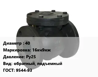 Клапан чугунный 40 16кч9нж Ру25 обратный, подъемный 9544-93